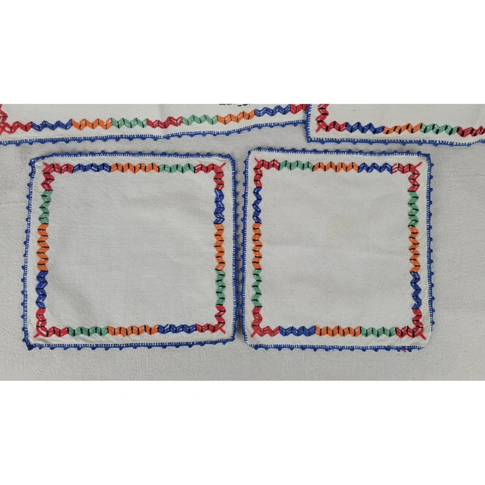 Vintage Mexican Hand Embroidered Table Linen Set 5pc Siesta‎ Donkey Folk Art